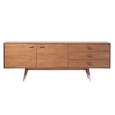 the sideboard is made from wood and has two drawers, one with metal legs