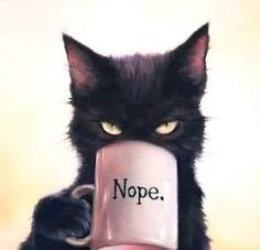 a black cat holding a pink coffee mug with the word nope on it's side