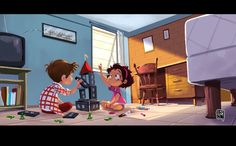 a boy and girl playing with toys in a living room next to a tv set