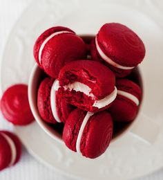 red velvet cookies are in a white bowl