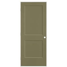 a green door on a white background with the bottom panel painted in an earth tone