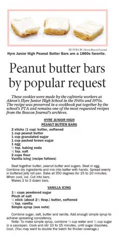 the recipe for peanut butter bars is shown