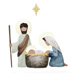 the nativity scene is depicted in watercolor