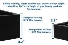 the measurements for an ikea drawer are shown in blue and black, with instructions on how to use it