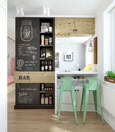 Adorable 45m2 apartment designed by INT2 Architecture | My Paradissi Deco Pastel, Studio Apt, Chalkboard Wall, Small Space Solutions, Apartment Design, Design Case, Small Apartments, 인테리어 디자인, A Kitchen