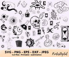 a collection of hand drawn doodles with various symbols and designs on them, all in black and white