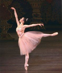 a ballerina in a pink tutu and tiara with her arms stretched out