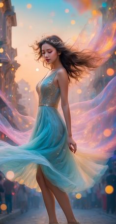 a woman in a blue dress is walking down the street with her hair blowing in the wind