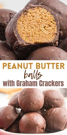 chocolate peanut butter balls with graham crackers in a white bowl and on top of each other