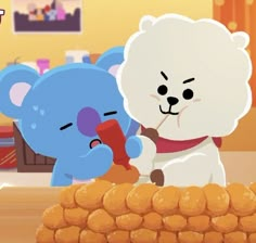 two cartoon bears sitting on top of a pile of fried food next to each other