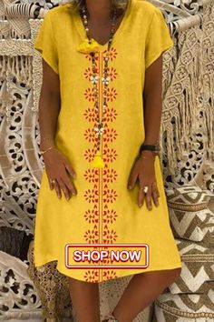 New Women's V-neck Short Sleeve Print Casual Dress Spring V-neck Shift Dress With Notched Neckline, Shift V-neck Dress With Notched Neckline, Shift V-neck Dress With Split Neck, Shift Midi Dress With Split Neck, Shift Mini Dress With Split Neck, Shift Fit V-neck Mini Dress, Casual Yellow V-neck Dress, Beach Kaftan Dress, Beach Kaftan