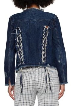 Unleash your inner fashionista with our Self Lace-Up Denim Jacket! This stylish jacket features a unique self lace-up detail on the back, adding a playful touch to your outfit. Stand out from the crowd and effortlessly elevate your look with this denim jacket. 100% Cotton Machine Wash Cold, Wash Separately, Wash Inside Out, Only Non-Chlorine Bleach When Needed, Tumble Dry Low, Low Iron When Needed, Or Dry Clean Collarless Denim Jacket, Curvy Swimwear, Weekly Outfits, Stylish Jackets, Denim Details, Men Fits, Dark Wash Denim, Outerwear Women, Vintage Denim