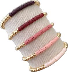 Everyday Stackable Heishi Beads Stretch Bracelet, Gold Stacked Heishi Beads Jewelry, Gold Stacked Heishi Beads Stretch Bracelet, Beads Bracelets, Heishi Beads, Merlot, Color Block, Gold Plate, Beaded Bracelets