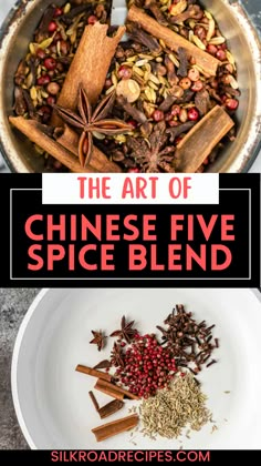 the art of chinese five spice blend in a white bowl with spices and cinnamons