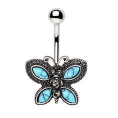 PRICES MAY VARY. STYLE: Antique Turquoise Butterfly Belly Button Ring MATERIAL: 316L Stainless Steel with Synthetic Turquoise GAUGE/BAR THICKNESS: 14GA (1.6mm) BARBELL LENGTH:3/8" (10mm) This beautiful belly button ring features an intricately detailed butterfly with synthetic turquoise wings. Cute Belly Rings, Turquoise Butterfly, Antique Turquoise, Belly Button Jewelry, Wing Jewelry, Navel Jewelry, Belly Jewelry, Navel Ring, Body Jewelry Piercing