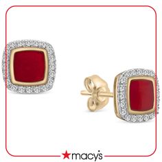 in stock Red 14k Gold Jewelry With Halo Design, Red Earrings With Diamond Accents For Gift, Macys Jewelry, Halo Stud Earrings, Halo Earrings Studs, Diamond Halo, Black Enamel, Diamond Clarity, 10k Gold