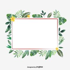 green leaves and yellow flowers frame with red border on white background, watercolor painting