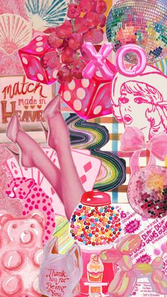 a collage of pink and white images with various items in the foreground, including an image of a woman's legs