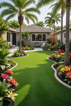 the front yard is filled with tropical plants and flowers