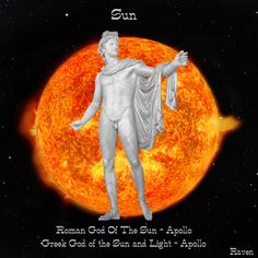 an image of a statue with the sun in the background and words above it that read, roman god of the sun apolli great god of the sun and light - apollo