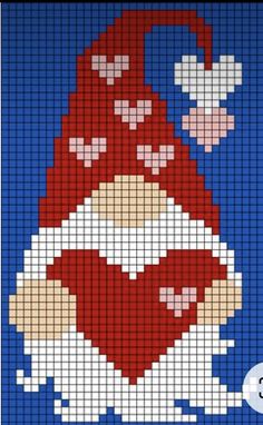 a cross stitch pattern with a red and white gnome