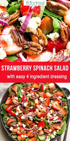 strawberry spinach salad with easy 4 ingredient dressing is ready to be eaten for lunch