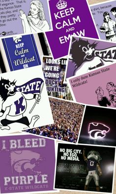 purple and white collage with images of college mascots