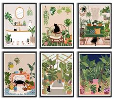 four pictures of plants and cats in different rooms