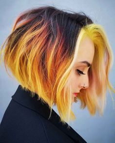 27 Surprisingly Trendy Yellow Hair Color Ideas in 2023 Yellow Hair Color Ideas, Flame Hair, Inverted Bob Haircuts, Neon Hair, Corte Bob, Colored Hair