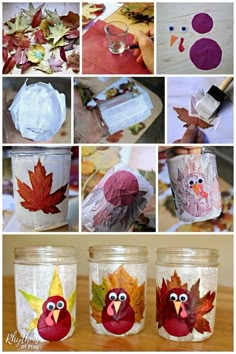 several different pictures of turkeys and leaves painted on glass jars