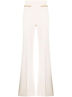 chain-embellished crepe palazzo pants from ELISABETTA FRANCHI featuring ivory white, stretch-design, chain-link detailing, high waist and straight leg. Double Welt Pocket, White Jumpsuit, Stretch Crepe, 70s Inspired, Palazzo Pants, High Waisted Trousers, White Pants, Ivory White, High Waisted Pants