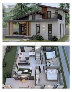 two pictures of the same house in different stages of being built, and one shows what it looks like