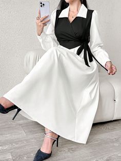 Women's Colorblock Side Knot Bubble Sleeve Maxi Casual Dress, Spring & Summer Black and White Casual  Long Sleeve Fabric Colorblock  Non-Stretch  Women Clothing, size features are:Bust: ,Length: ,Sleeve Length: Casual Dress Spring, Maxi Casual Dress, Summer Black And White, Spring Dresses Casual, Bubble Sleeve, Dress Spring, Summer Black, Spring Summer Dress, Maxi Dresses Casual