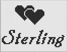 a cross stitch pattern with the words love and two hearts in black on a white background