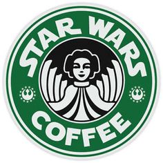 the star wars coffee logo is shown in green and white, with an image of a woman's face