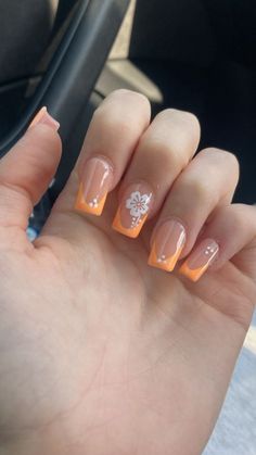 Middle Square Nails, Nail Inspo Trendy Summer, Nails Summer 2024 Square, Orange French Tip With Design, Orange Summer Nails Square, Hawaii Nails Orange, Summer Nail Orange, Nail Ideas Summer Square, Square French Tips With Design