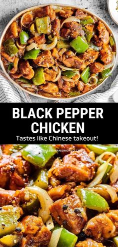 black pepper chicken with peppers and onions in a skillet