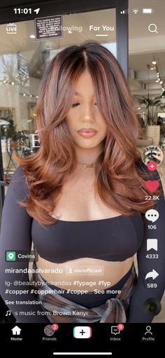 Copper Balayage Tan Skin, Honey Copper Balayage On Dark Hair, Cooper Hair Color On Olive Skin, Auburn Hair Tanned Skin, Copper Hair Color On Tan Skin, Brown W Red Undertones, Medium Length Haircut With Texture, Copper Brown Hair Tan Skin, Brown Hair With Ginger Highlights Copper