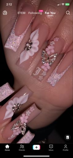 Simple But Extra Nails, Cute Glitter French Tip Nails, Quinceanera Nails Butterfly, Quince Nails Rose Gold Butterfly, Blush Pink Nails Quincenera, Quinceanera Rose Gold Nails, Sage Green And Pink Quince Nails, Pink Quince Nails Butterfly, Back To School Nails Long Square