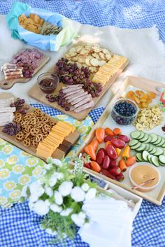 several trays of food on a picnic blanket