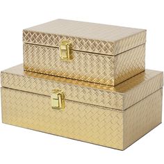 two gold boxes sitting side by side on top of each other