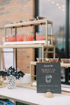 the dessert table is set up for guests to enjoy their own food and drink options