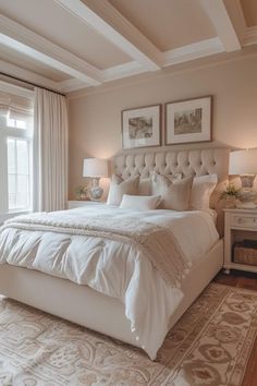 a large white bed sitting in a bedroom next to two lamps on either side of the bed