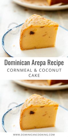 two slices of cornmeal and coconut cake on white plates with text overlay