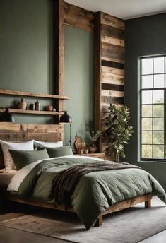 a bed with green sheets and pillows in a bedroom next to a large window that has wooden shelves on the wall