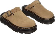 Casual Suede Mules For Outdoor, Casual Slides With Suede Lining And Round Toe, Casual Suede Slides With Suede Lining, Dr Marten Suede Mules, Beige Platform Slip-on Mules, Suede Platform Slip-on Sandals, Suede Slip-on Clogs With Removable Insole, Suede Slip-on Clogs With Buckle Closure, Platform Mules