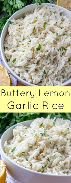 two bowls filled with rice and garnished with parsley next to sliced lemons