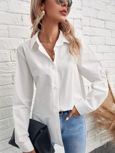 Solid Button Front Shirt | SHEIN USA How To Look Expensive, Fitted Turtleneck, Women Blouses, Puff Sleeve Blouse, Plain Shirts, Shein Style, Button Front Shirt, Trendy Fashion Women, Green Fashion