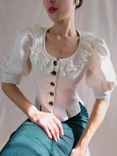 Vintage blouse with  puffy sleeves  blouse decorated with crochet lace  Size:34-36eu  Soft linen composition  New condition Puffy Sleeves Blouse, Womens Blouses, Sleeves Blouse, Vintage Blouse, Milky White, Puffy Sleeves, Blouse Vintage, Crochet Lace, Womens Clothing Tops