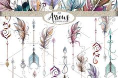 watercolor feathers and arrows clipart set for commercial use in adobe, png format